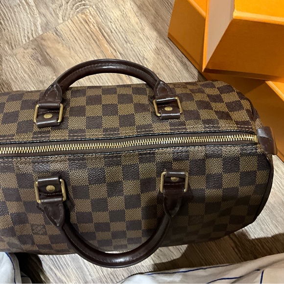 Louis Vuitton Brown Checkered Satchel with Dark Brown Trim